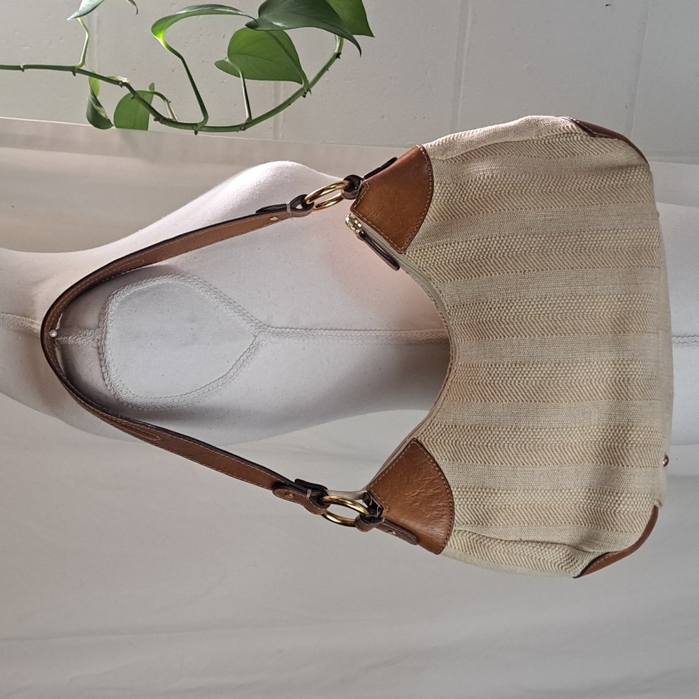 Etienne Aigner Leather And Woven Fabric Shoulder Bag Gold Metal Ring Accents - Picture 4 of 16